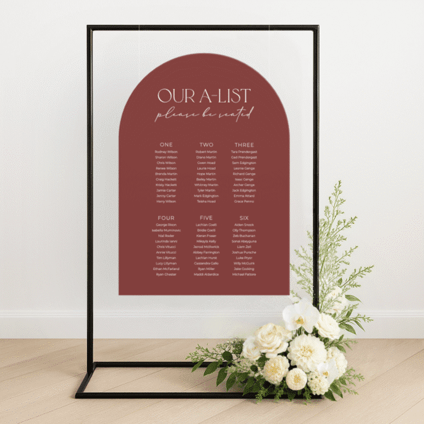 Customisable wedding seating chart with modern design, printed on premium signage board – perfect for stylish reception setups and guest navigation.