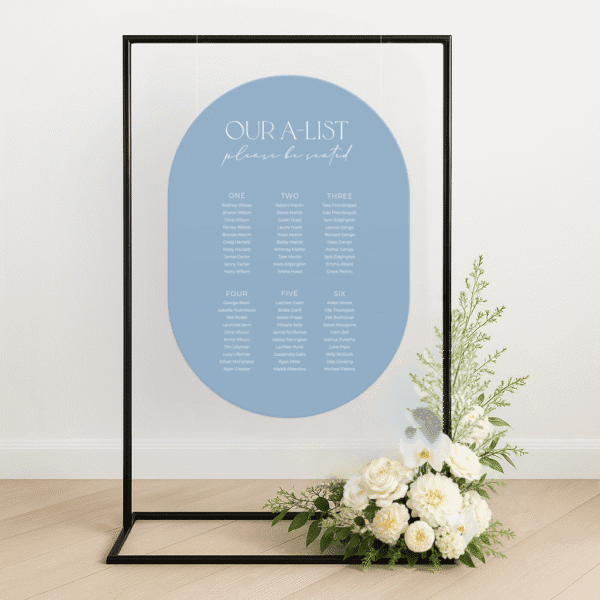 Customisable wedding seating chart with modern design, printed on premium signage board – perfect for stylish reception setups and guest navigation.