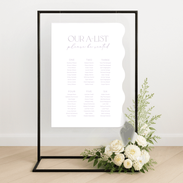 Customisable wedding seating chart with modern design, printed on premium signage board – perfect for stylish reception setups and guest navigation.