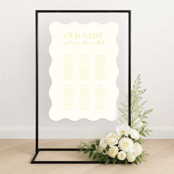Customisable wedding seating chart with modern design, printed on premium signage board – perfect for stylish reception setups and guest navigation.
