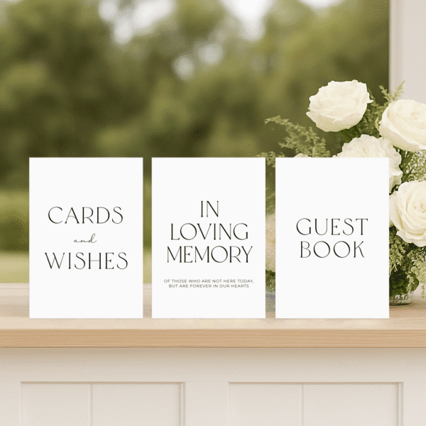 Beloved wedding small signs set including guest book, wishing well, and in loving memory sign in romantic semi-custom design.