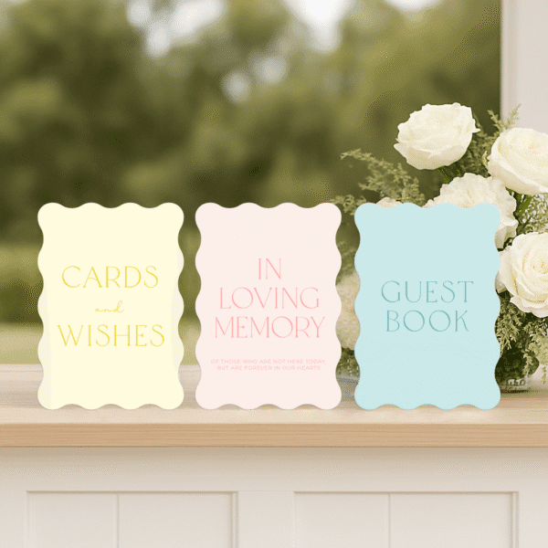 Beloved wedding small signs set including guest book, wishing well, and in loving memory sign in romantic semi-custom design.