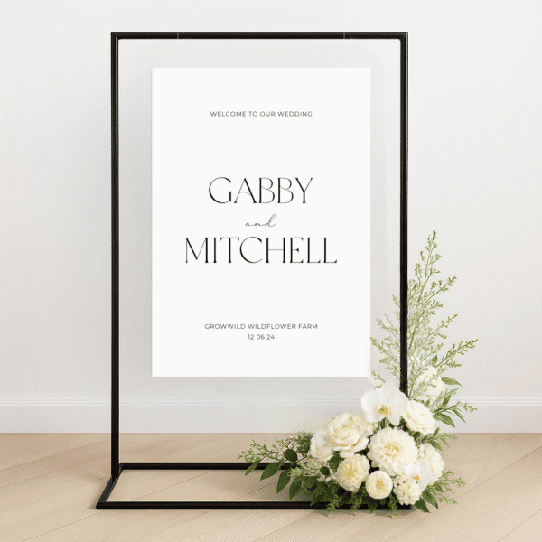 Semi-custom wedding welcome sign printed on premium die-cut foamboard, styled with personalised colours to match a modern wedding aesthetic.