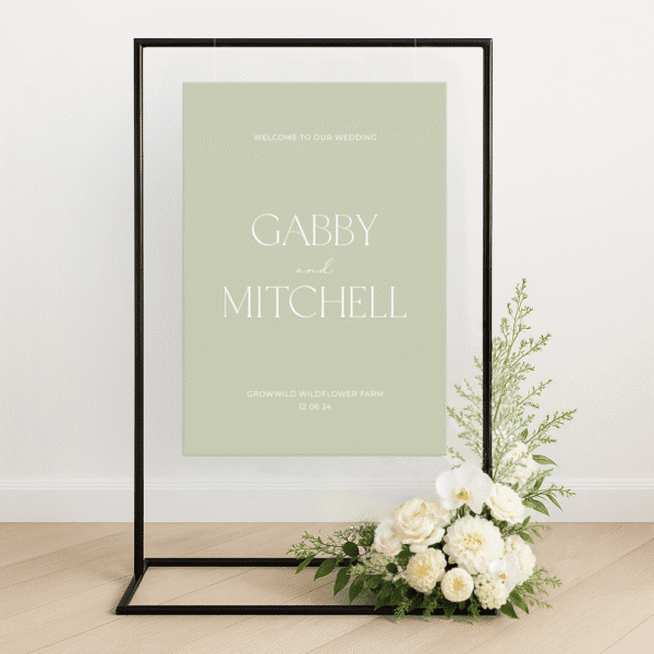 Semi-custom wedding welcome sign printed on premium die-cut foamboard, styled with personalised colours to match a modern wedding aesthetic.