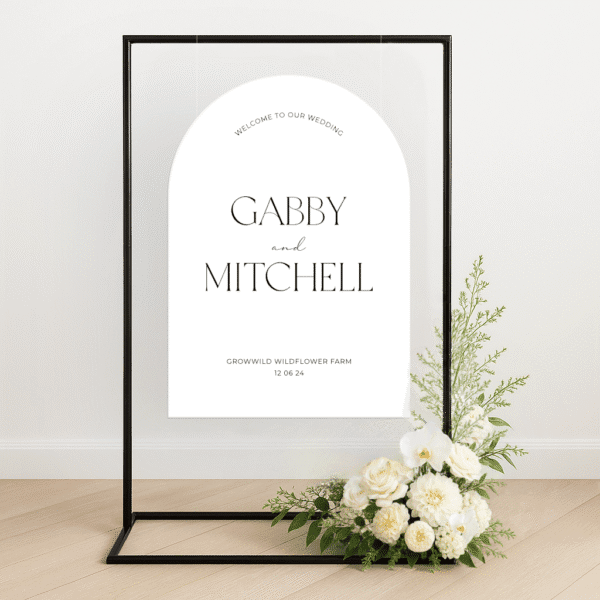 Semi-custom wedding welcome sign printed on premium die-cut foamboard, styled with personalised colours to match a modern wedding aesthetic.