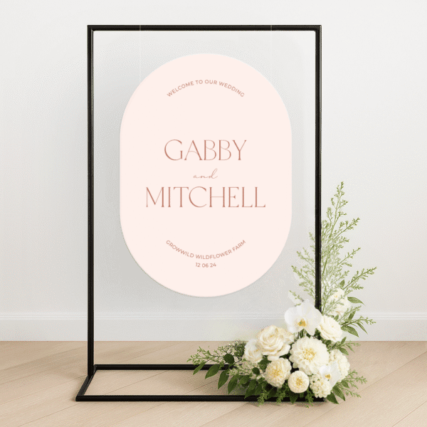 Semi-custom wedding welcome sign printed on premium die-cut foamboard, styled with personalised colours to match a modern wedding aesthetic.