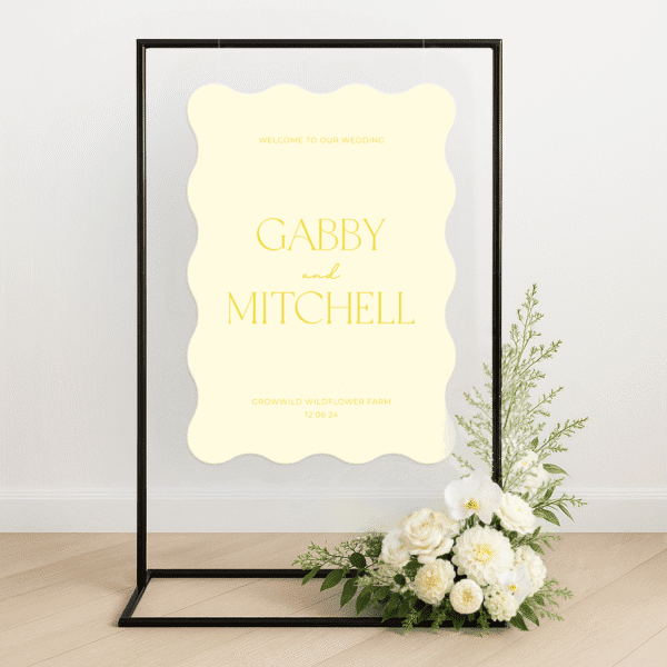 Semi-custom wedding welcome sign printed on premium die-cut foamboard, styled with personalised colours to match a modern wedding aesthetic.