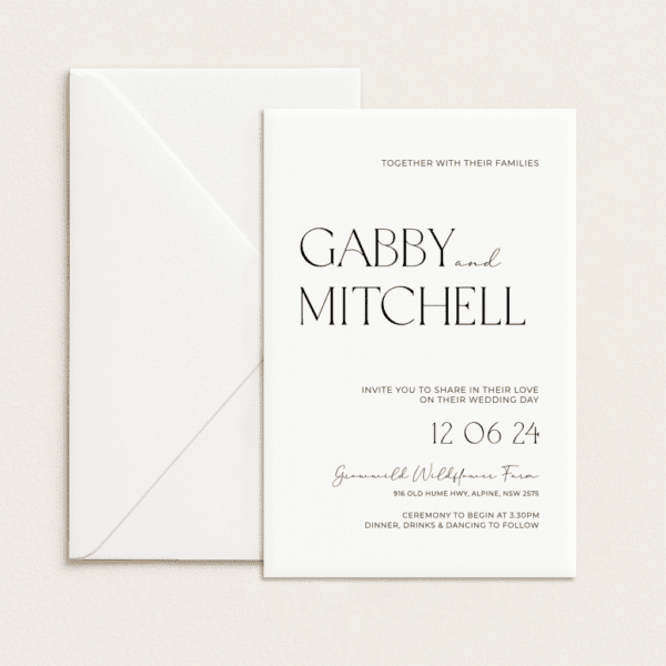 Semi-custom 3-card wedding invitation suite with coloured cardstock and die-cut shapes, designed and printed in Australia.