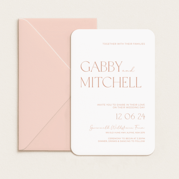 Semi-custom 3-card wedding invitation suite with coloured cardstock and die-cut shapes, designed and printed in Australia.