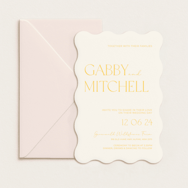 Semi-custom 3-card wedding invitation suite with coloured cardstock and die-cut shapes, designed and printed in Australia.
