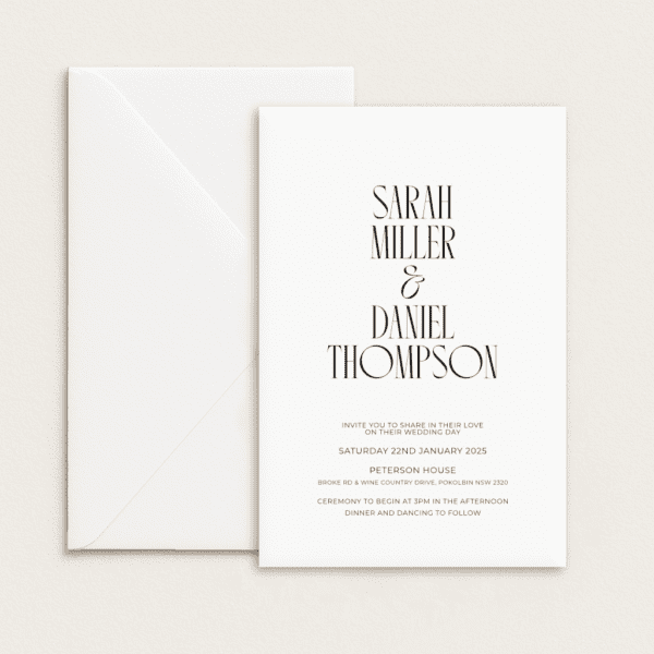 Semi-custom 3-card wedding invitation suite with coloured cardstock and die-cut shapes, designed and printed in Australia.
