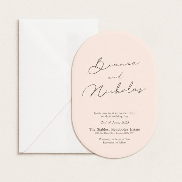 Semi-custom 3-card wedding invitation suite with coloured cardstock and die-cut shapes, designed and printed in Australia.