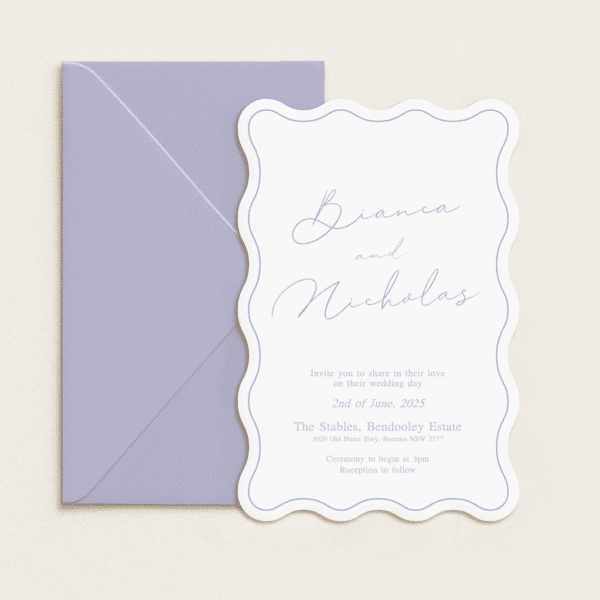 Semi-custom 3-card wedding invitation suite with coloured cardstock and die-cut shapes, designed and printed in Australia.