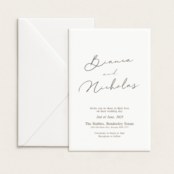 Semi-custom 3-card wedding invitation suite with coloured cardstock and die-cut shapes, designed and printed in Australia.