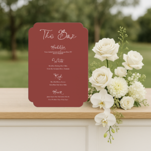 Semi-custom wedding bar menu sign featuring a romantic design with modern fonts, displayed as part of a cohesive wedding stationery suite.