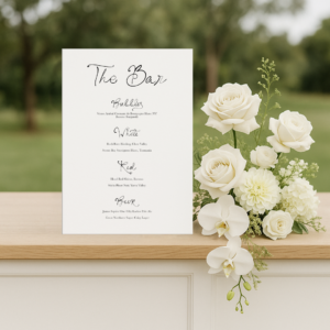 Semi-custom wedding bar menu sign featuring a romantic design with modern fonts, displayed as part of a cohesive wedding stationery suite.