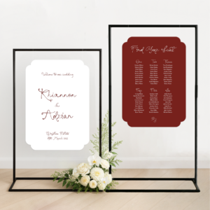 Wedding welcome sign and seating chart bundle with matching design, colour and layout – custom wedding signage for a cohesive ceremony and reception setup.