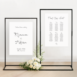 Wedding welcome sign and seating chart bundle with matching design, colour and layout – custom wedding signage for a cohesive ceremony and reception setup.