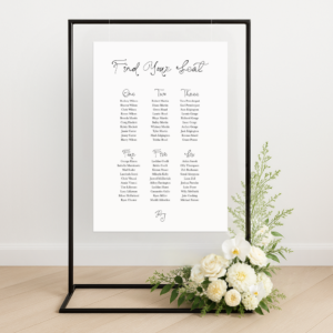 Customisable wedding seating chart with modern design, printed on premium signage board – perfect for stylish reception setups and guest navigation.