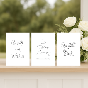 Adore wedding small signs set including guest book, wishing well, and in loving memory sign in romantic semi-custom design.