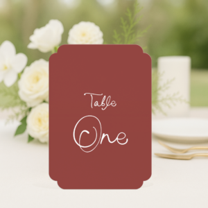 Adore wedding table number in double rounded corners shape featuring romantic, modern fonts and soft colour palette, styled for an elegant reception table.