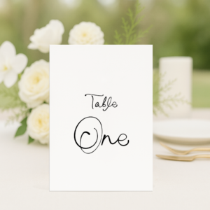 Adore wedding table number in rectangle shape featuring romantic, modern fonts and soft colour palette, styled for an elegant reception table.