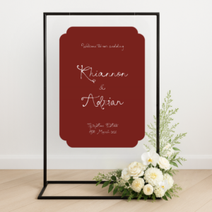 Semi-custom wedding welcome sign printed on premium die-cut foamboard, styled with personalised colours to match a modern wedding aesthetic.