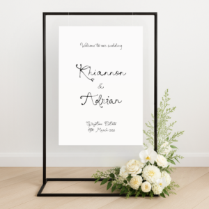 Semi-custom wedding welcome sign printed on premium die-cut foamboard, styled with personalised colours to match a modern wedding aesthetic.
