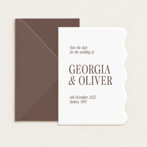 Modern semi-custom save the date card with unique die-cut shape and personalised text, printed on premium cardstock.