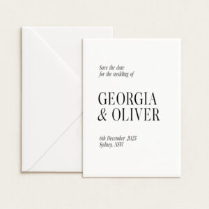 Modern semi-custom save the date card with unique die-cut shape and personalised text, printed on premium cardstock.