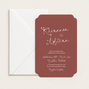 Semi-custom 3-card wedding invitation suite with coloured cardstock and die-cut shapes, designed and printed in Australia.