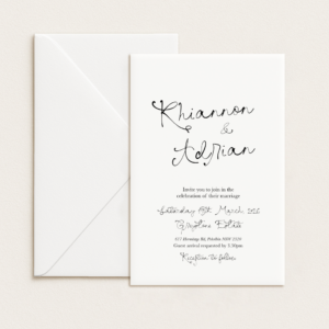 Semi-custom 3-card wedding invitation suite with coloured cardstock and die-cut shapes, designed and printed in Australia.