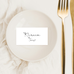 Premium cardstock wedding place cards styled on an elegant reception table with modern cutlery and florals – semi-custom stationery by Gracie Creative, Australia.