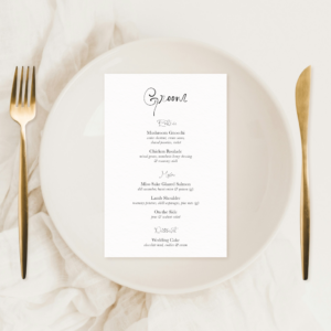 Single-sided semi-custom wedding menu with elegant layout, customised colours and optional guest name on a styled table setting.