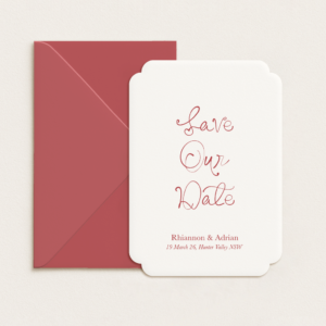 Modern semi-custom save the date card with unique die-cut shape and personalised text, printed on premium cardstock.
