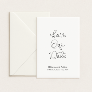 Modern semi-custom save the date card with unique die-cut shape and personalised text, printed on premium cardstock.