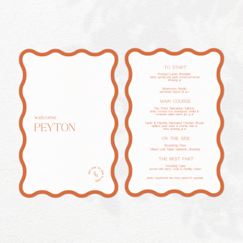 Wave, white double sided dual menu place cards with burnt orange border.
