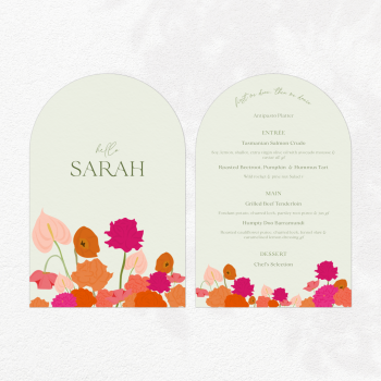 Green, arch double sided dual place cards with pink and orange floral illustration.